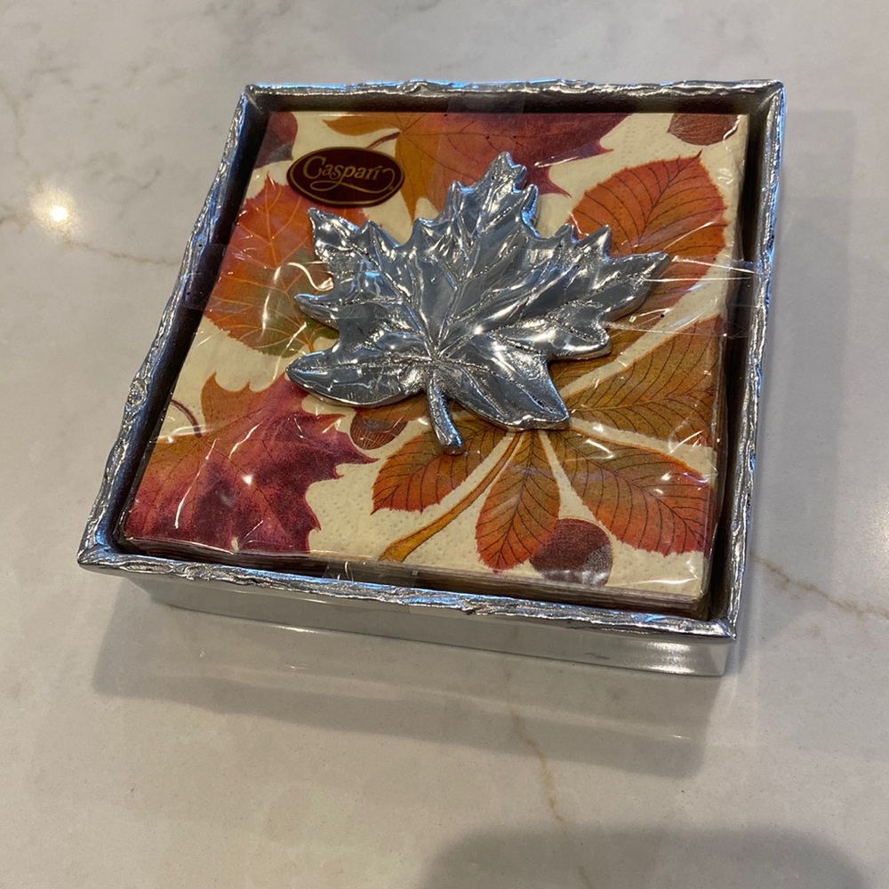 Mariposa Cocktail Napkin Holder Twig Box with Maple Leaf Weight